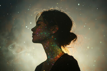 Aufkleber - A woman's silhouette, adorned with sparkling cosmic dust, stands against a dreamy nebula backdrop.