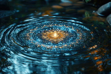 Poster - A glowing mandala floats on tranquil water, creating concentric ripples. Serene and mystical.