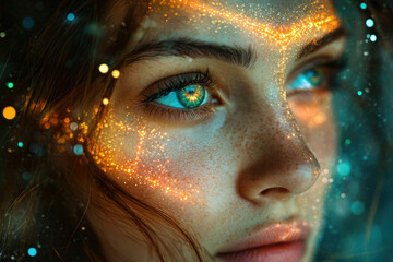 Aufkleber - Close-up portrait of a woman's face adorned with ethereal, golden light and sparkles.