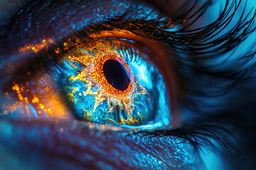 Poster - Close-up of a vibrant eye, glowing with blue and orange light, intricate details visible.