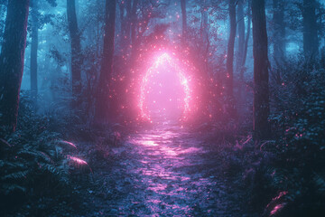 Poster - A mystical pink portal glows in a dark, foggy forest, inviting exploration along a mysterious path.