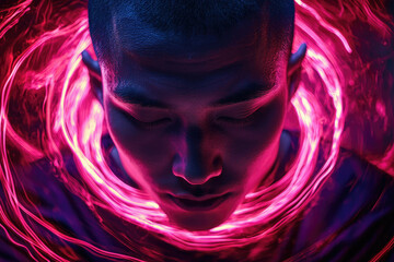 Aufkleber - A person's face is illuminated by vibrant pink and purple light trails, creating a surreal and ethereal effect.