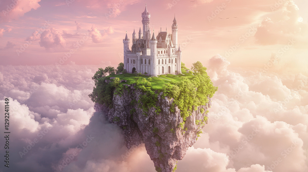 Fantasy castle floating on magic island in clouds, cartoon illustration ...