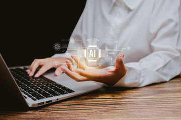 Poster - Person Using Laptop with AI Technology and Digital Graphics, Business concept.