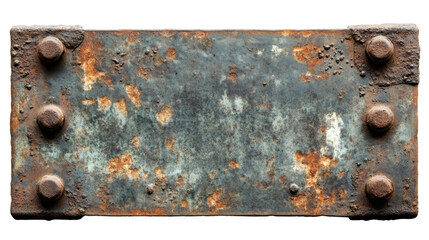 Poster - Rusty metal plate with rivets attached, showing signs of age and wear, isolated on transparent background