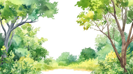 Poster - Forest watercolor rendering, verdant green creating organic border, transparent background inviting seamless design integration