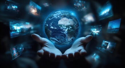 Poster - A person holding up a hologram of the Earth, surrounded by multiple images showing various forms of digital media and marketing elements such as website designs, social network streams Generative AI