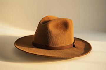 a classic brown felt hat resting on a light surface during warm afternoon light
