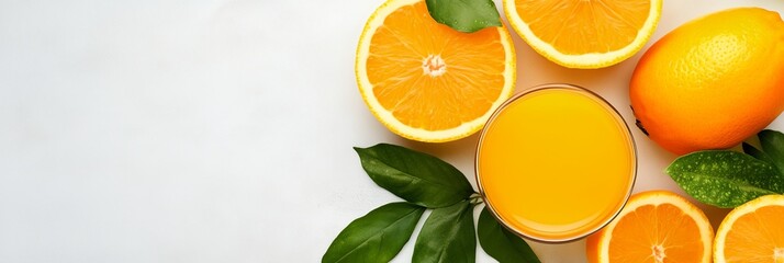 Wall Mural - A glass of orange juice is on a table with a bunch of oranges