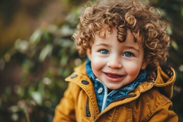 Wall Mural - Portrait of a cute little boy with curly hair in autumn park