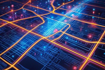 Leinwandbilder - digital network map with glowing circuits and data pathways, representing smart city technology, innovation, and digital infrastructure, Generative AI