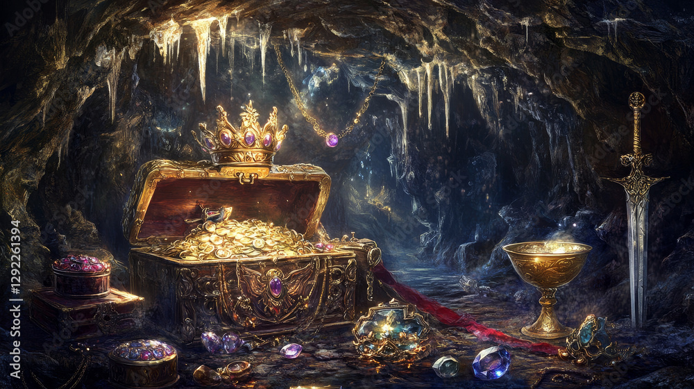 Treasure cave with golden coins in chest and wooden barrel, crystal ...