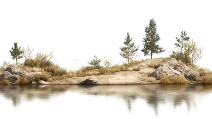 Poster - Photorealistic 3D landscape featuring rocky island, grassy terrain, sparse trees, mirrored water surface, transparent background