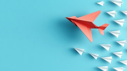 Aufkleber - Red and white airplane leading smaller paper planes in a vibrant blue sky showcasing guidance and teamwork. Generative AI