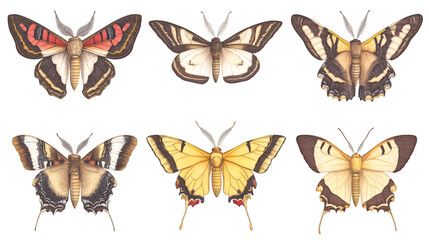 Poster - Watercolor painting depicting multicolored butterflies and moths with delicately spreading wings, floating against transparent surface