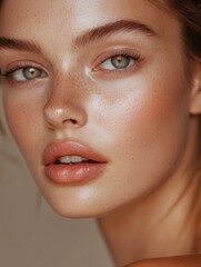 Poster - Close up portrait of a woman with perfect skin showcasing natural beauty and elegance in a soft light atmosphere. Generative AI