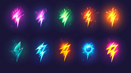 Poster - Set of lightnings game fill progress score or level elements, full and empty flash bolts, user Ui or gui status icons of health, energy and resource for pc or mobile app, Cartoon vector illustration