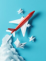 Aufkleber - Red and white airplane leads a formation of paper planes in a bright blue sky showcasing inspiration and guidance. Generative AI