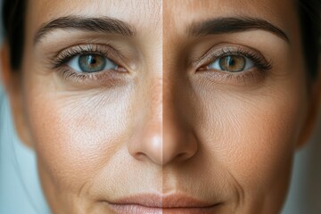 Poster - Close up view of a womans face showcasing wrinkles on one side and smooth skin on the other side for medical comparison. Generative AI