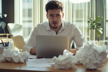 Wall Mural - Busy office scene with man puzzled over laptop amid paper clutter.