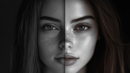 Aufkleber - Mood transformation displayed through grayscale to vibrant expression in a close up portrait. Generative AI