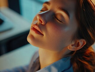 Wall Mural - Woman with eyes closed in peaceful pose against blurred office backdrop.