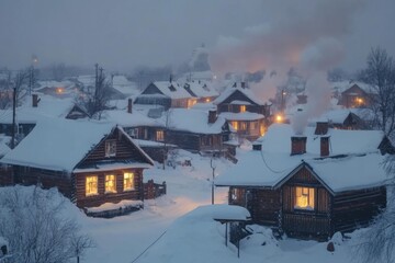 Aufkleber - Winter landscape of traditional wooden houses illuminated by warm lights during a snowy evening. Generative AI