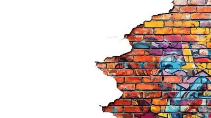Poster - Colorful graffiti bursting through weathered brick wall, revealing vibrant street art urban texture against transparent backdrop