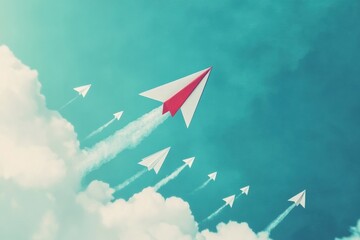 Aufkleber - Red and white airplane leads a formation of paper planes in a clear blue sky. Generative AI