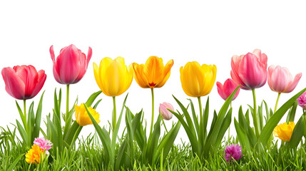 Aufkleber - Colorful pink and yellow tulips growing in green grass with small flowers and transparent background, perfect for spring designs