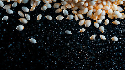 Poster - Artistic background of drifting white poppy seeds on dark surface for natural design concepts