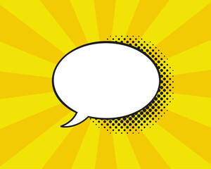 Aufkleber - Blank comic speech bubble in trendy pop art style in front of yellow orange ray background and halftone dots pattern. Vector illustration.