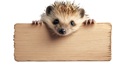 Poster - Adorable hedgehog gripping empty wooden sign, offering clean background for personalized messaging or graphic design