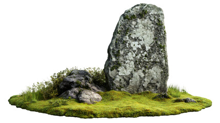 Poster - Moss-covered standing stone emerging from rocky island, isolated against transparent backdrop for seamless digital image composition