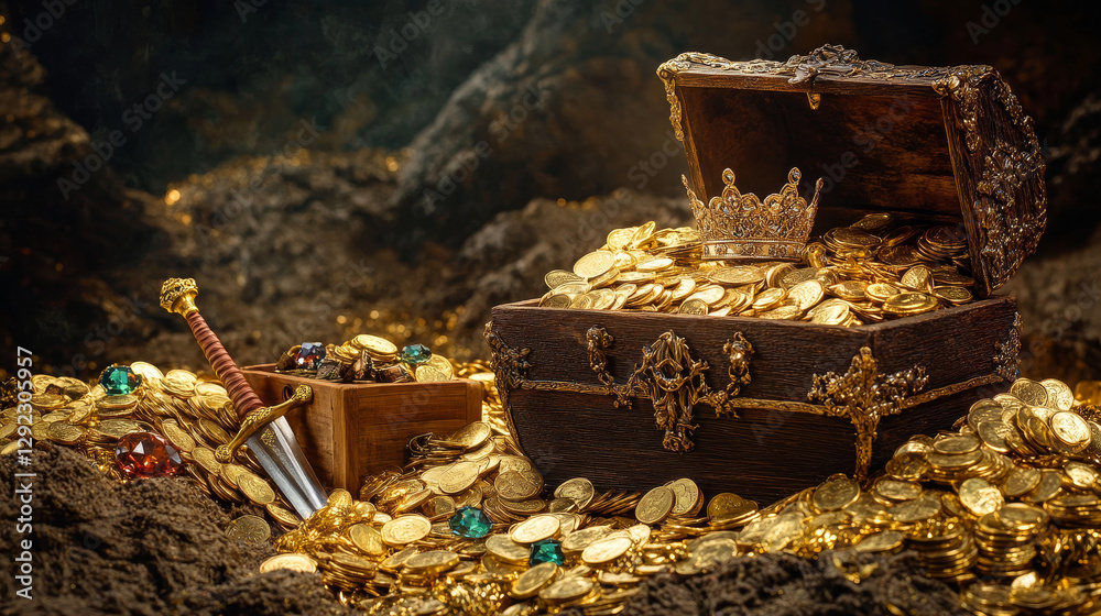 Treasure chest and piles of gold set isolated on white background ...