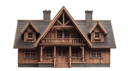 Poster - Large wooden house with balcony, stone chimneys and transparent background, perfect for architectural visualization or any design project