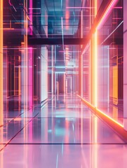 Fototapete - Vibrant neon corridor in a futuristic urban environment with glowing lights and reflective surfaces. Generative AI