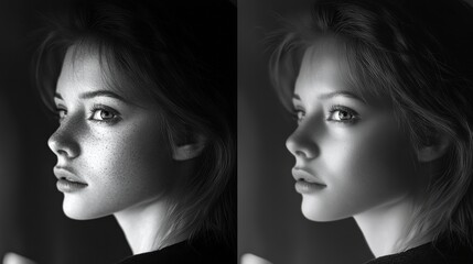 Poster - Mood transformation displayed through grayscale and vibrant expressions side by side in a creative portrait. Generative AI