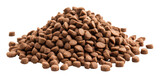 Pile of brown dry cat food kibble on transparent background. Pet nutrition and feeding concept