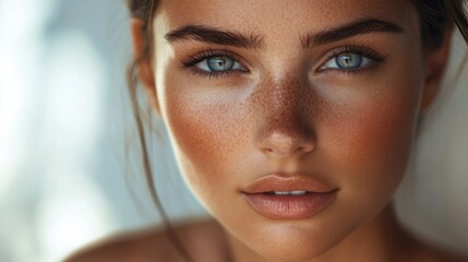 Fototapete - Close up portrait capturing a womans flawless skin and striking features in a soft, natural light setting. Generative AI