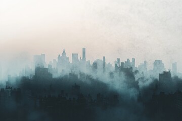 Poster - City skyline shrouded in gray smog with faint outlines of buildings and ample sky space for text. Generative AI