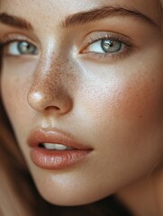 Poster - Close up portrait of a woman showcasing flawless skin and captivating green eyes with natural beauty and charm. Generative AI