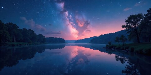 Serene river reflects starry sky, tranquil scene , milky way, unpolluted