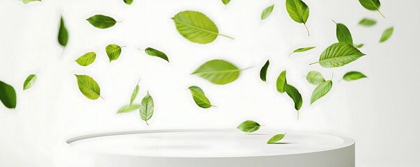 on a white background, a round podium in white with flying leaves appears, perfect for natural cosme