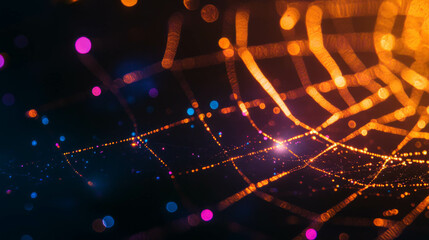 Poster - Neon illuminated golden spiderweb on dark background for futuristic design