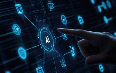 Artificial intelligence technology concept picture of pointing hand at creative robot hologram blue background.	