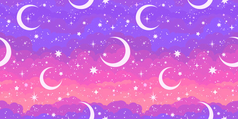 Wall Mural - scattering of stars on a background of pink and purple clouds. seamless pattern