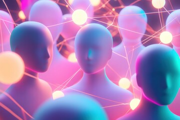 Wall Mural - Colorful 3D avatars connected by glowing networks illustrate digital social interaction in a vibrant virtual environment. Generative AI