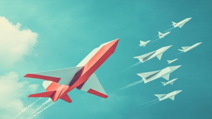 Aufkleber - Red and white airplane leads paper plane formation in beautiful blue sky showcasing leadership and direction. Generative AI