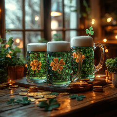 A festive St Patricks Day scene featuring three green beer steins with gold shamrocks, placed on a table covered in gold coins and shamrocks The image suggests an evening celebration - AI-Generated